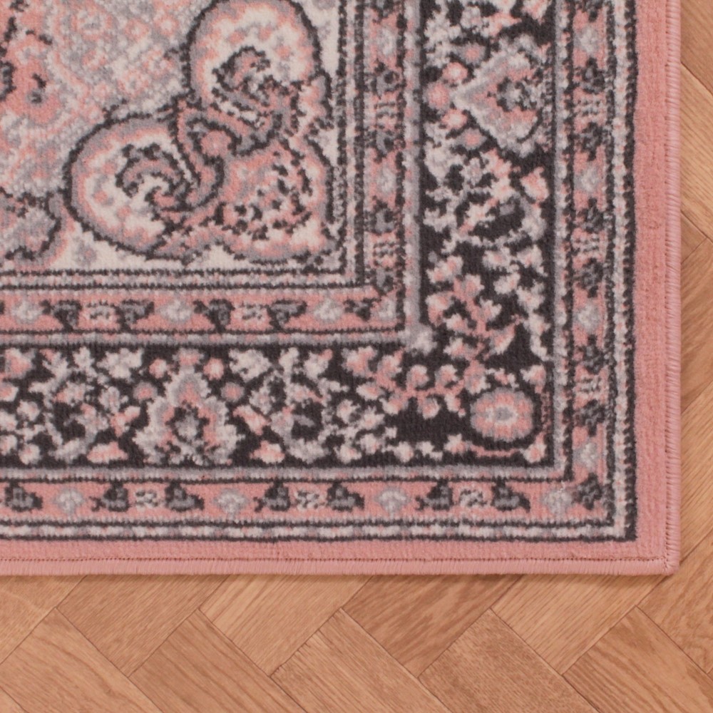 Traditional Poly Lancashire Medallion Border Runner Rugs in Blush Pink